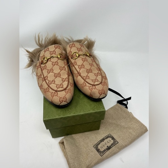 Gucci GG Monogram Horsebit Princetown Mule Slipper Brown Canvas Fur size 36.5 EU - Picture 5 of 7